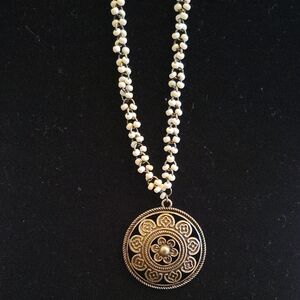 Cookie Lee Antique Gold and Cream Floral Pendant Necklace